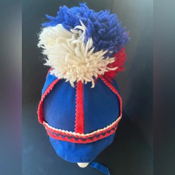Vintage Skandia Norwegian Style Blue Red White Pom Pom Kids Beanie 70s 80s - Picture 6 of 9